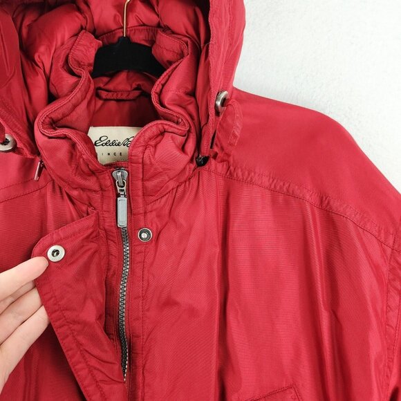 Eddie Bauer Coat Womens Large Red Vintage Goose Down Hooded Parka Casual Outdoor - Picture 3 of 16